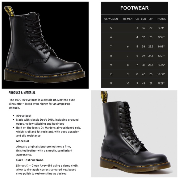 Dr. Martens Black 10 Hole 1490 Leather Boots 10 - Picture 6 of 8